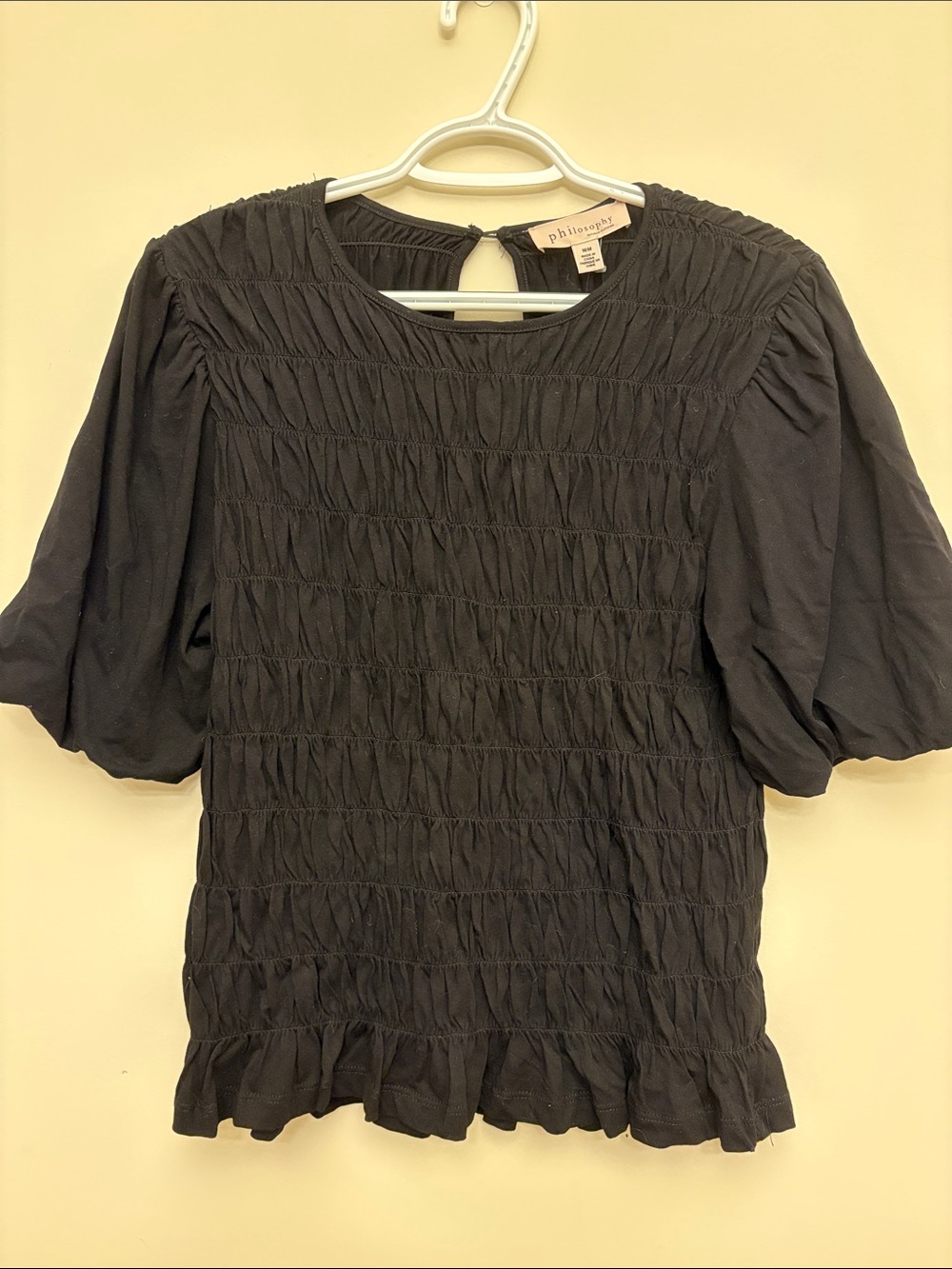 Philosophy Black Smocked Puff Sleeve Top with Ruffle Hem Size M NWT